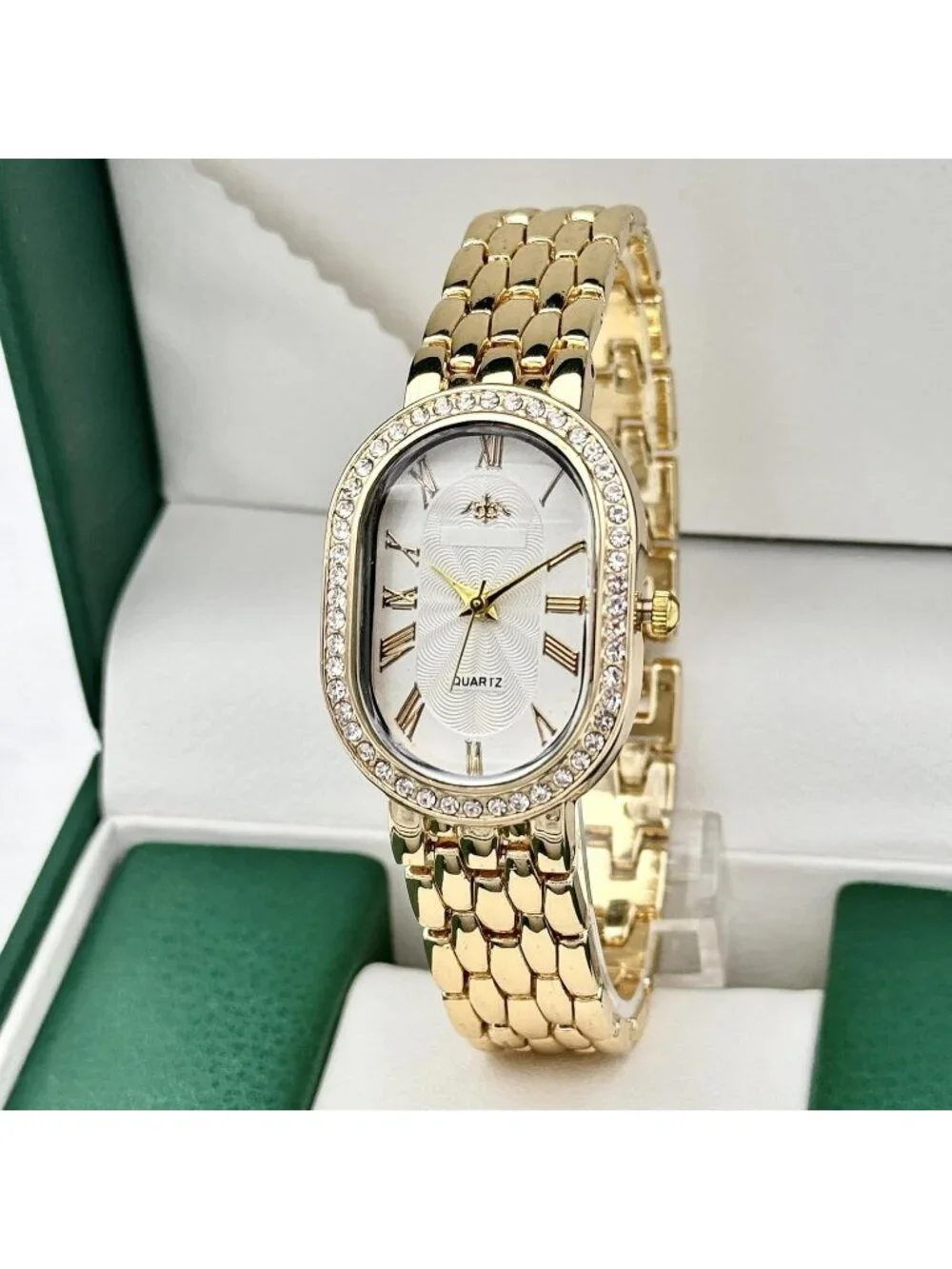 Women's Gold White Oval Case Adjustable Stainless Steel Analog Wrist Watches